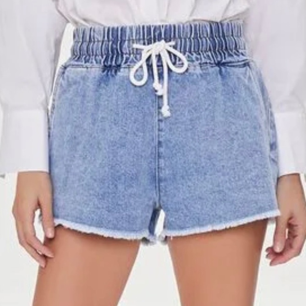 Forever 21 Frayed Drawstring Medium Denim Shorts